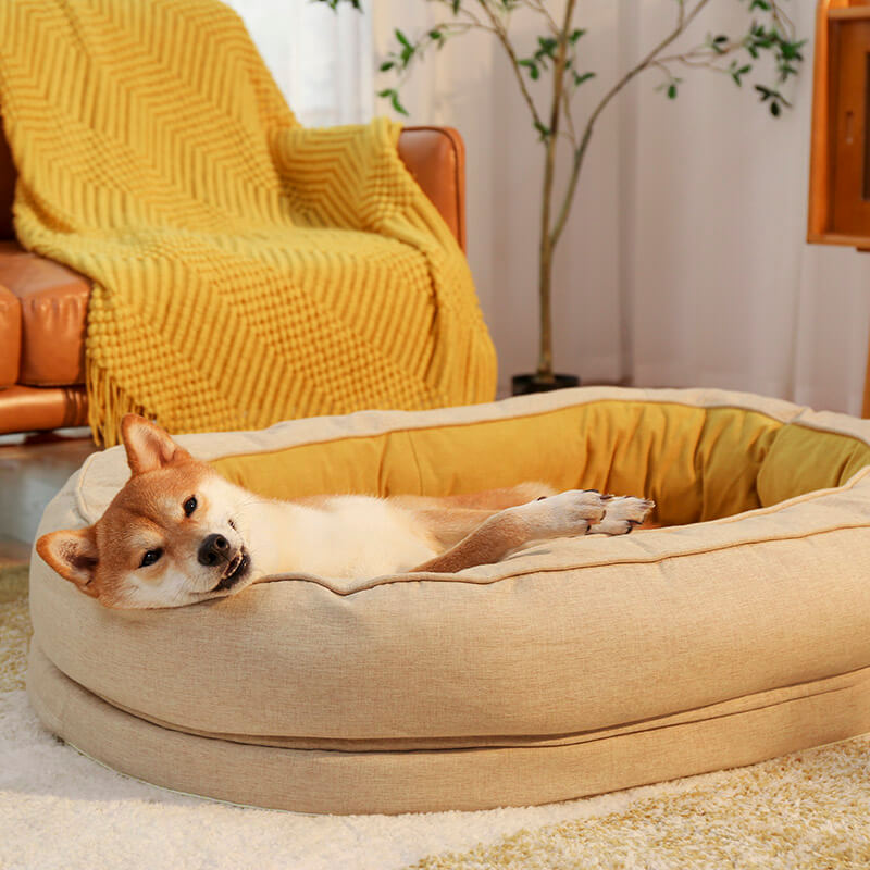 A dog resting its head on the Ginkgo Yellow bed