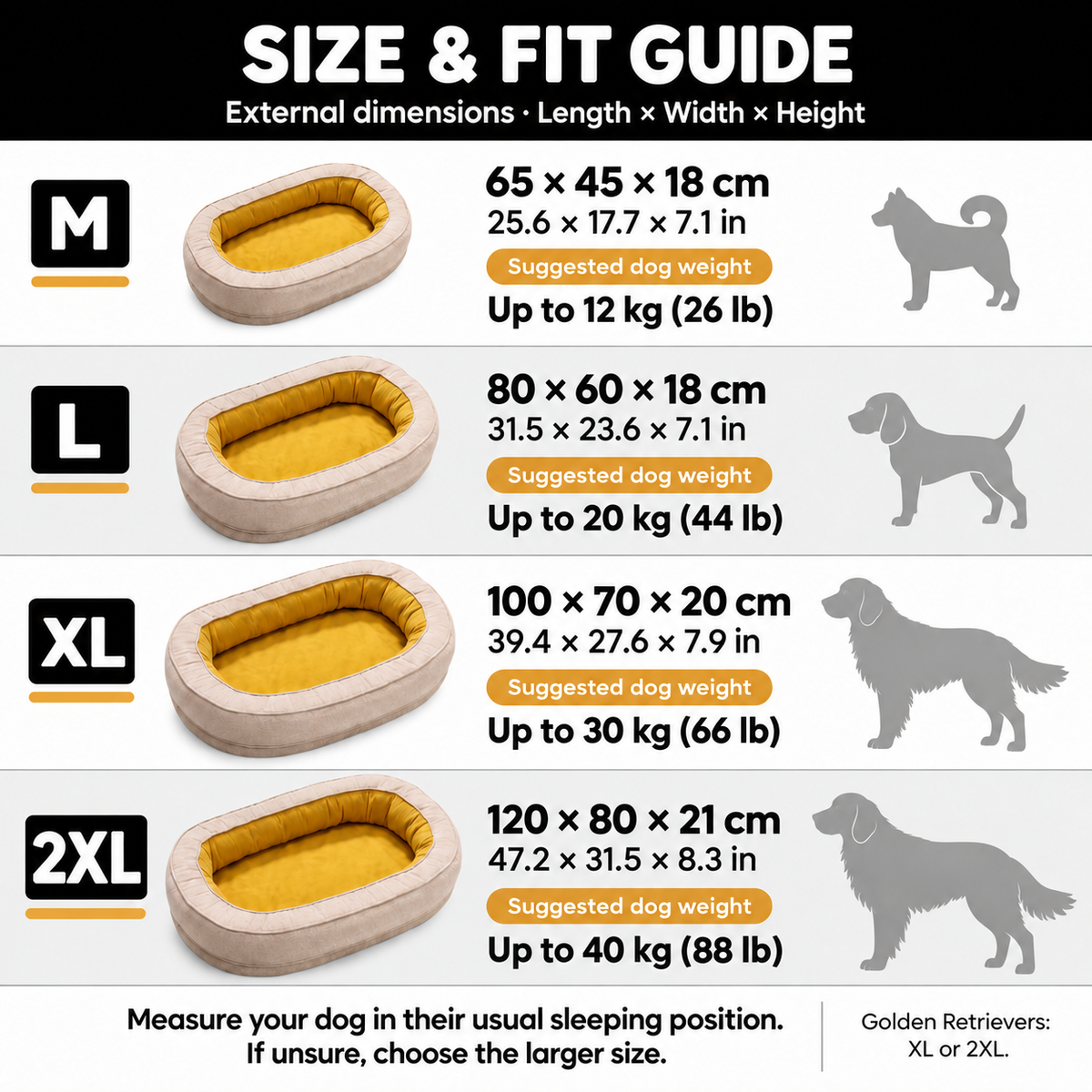 Cocoon Donut Dog Bed size and fit guide: M 65 × 45 × 18 cm, L 80 × 60 × 18 cm, XL 100 × 70 × 20 cm, 2XL 120 × 80 × 21 cm. Suggested dog weights: 12, 20, 30 and 40 kg.