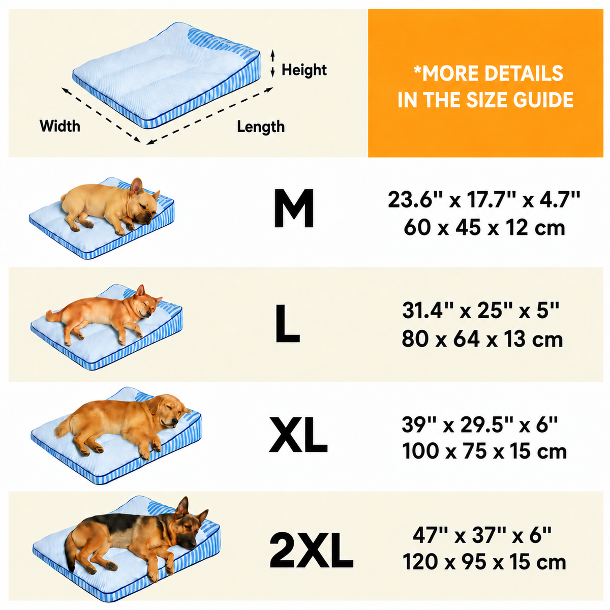 FidoSit cooling orthopaedic dog bed size chart – English
