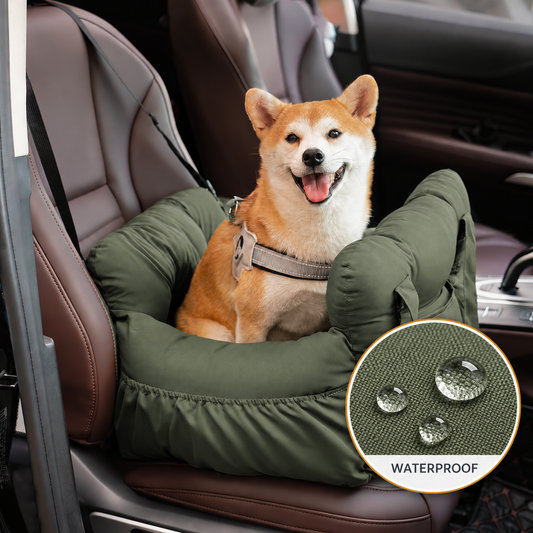 Waterproof Olive Green dog car seat – Single Seat, with a fabric detail and water droplets