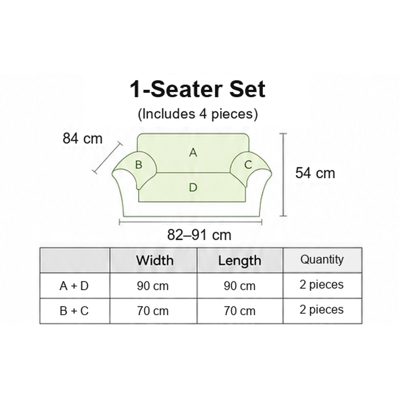 1-seater sofa cover set size table with centimetre measurements and four pieces