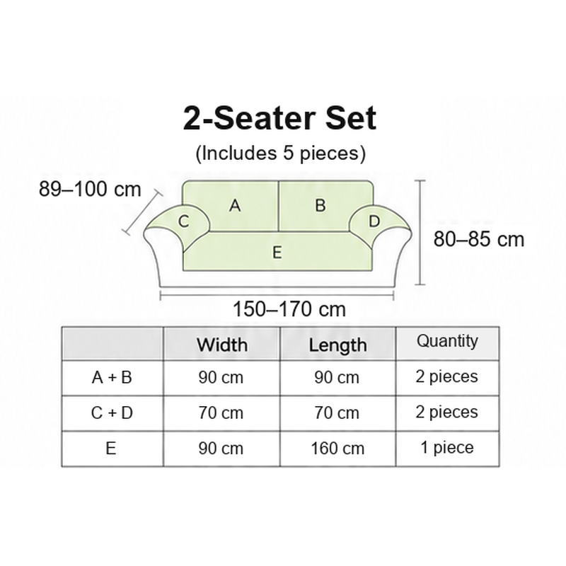 2-seater sofa cover set size table with centimetre measurements and five pieces